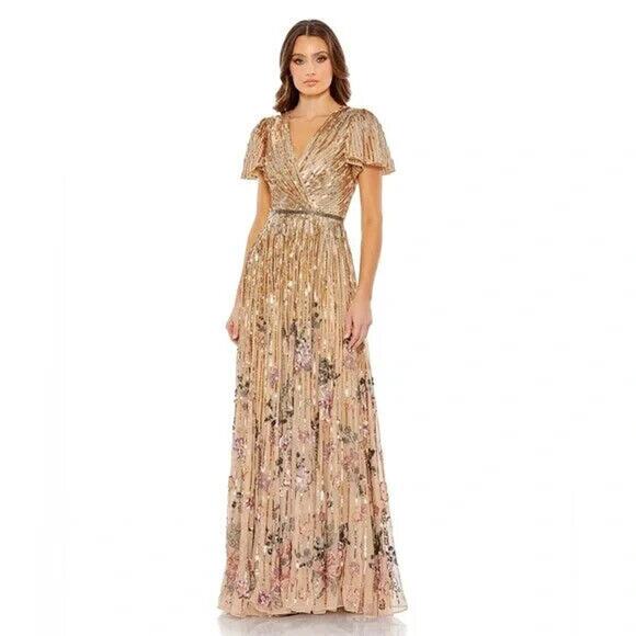 MAC DUGGAL FLORAL SEQUINS FLOUNCE SLEEVE V‎ NECK GOWN 5637 COPPER Sz 18 $798. - Picture 1 of 8